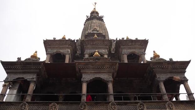 View of a historic stone temple in Kathmandu Nepal.