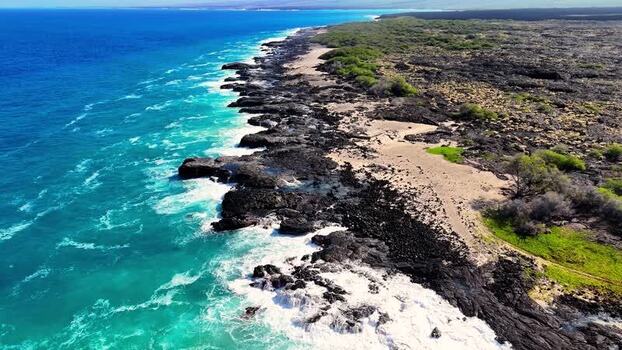 Aerial view of Kalaemamo coastline and volcanic rocks United States.