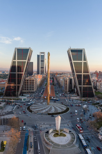 Aerial view of the iconic Puerta de Europa towers and the Obelisk of Caja Madrid at Plaza Castilla in Madrid Comunidad de Madrid Spain.