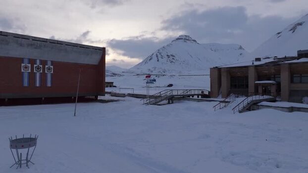 Aerial view of Pyramiden in the snow Svalbard and Jan Mayen.
