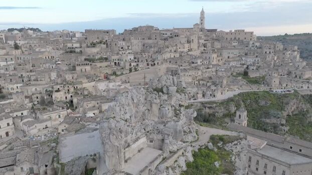 Aerial view of the ancient stone city of Matera Italy.