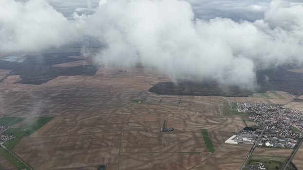 Aerial view of fields and a town France.