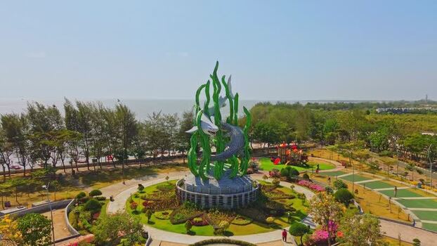 Aerial view of Sura and Baya statue in Surabaya Indonesia. Aerial view of Sura and Baya statue in Surabaya Indonesia.