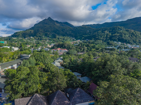 Aerial view of verdant foliage meeting rooftops nestled beneath the majestic silhouette of Morne Seychellois a symphony of green and grey Victoria Seychelles. Aerial view of verdant foliage meeting rooftops nestled beneath the majestic silhouette of Morne Seychellois a symphony of green and grey Victoria Seychelles.