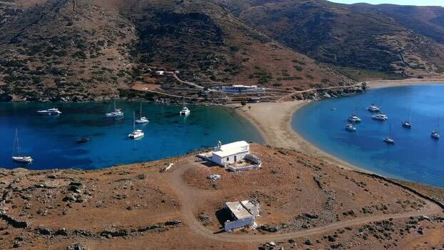 Aerial view of Kolona Beach and church on Kythnos Greece. Aerial view of Kolona Beach and church on Kythnos Greece.