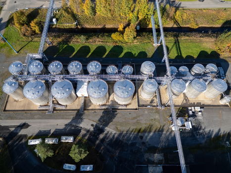 Aerial view of the industrial storage tanks and pipe network at Takalaanila in Oulu North Ostrobothnia Finland.