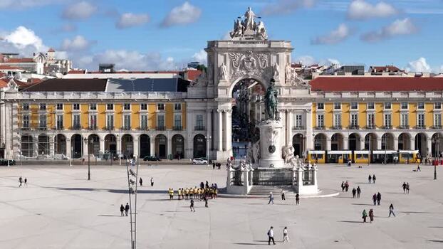 Aerial view of Praca do Comercio and Rua Augusta Arch Portugal.