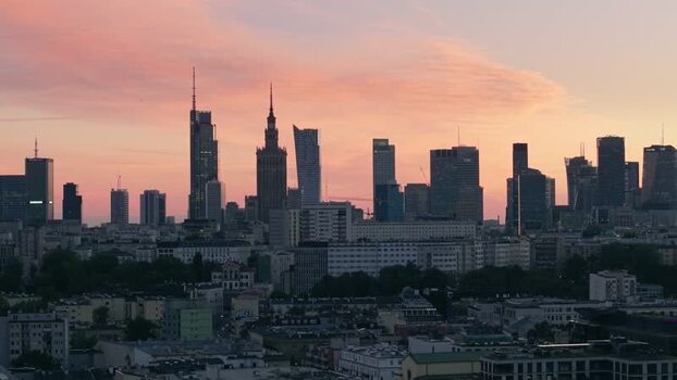 Aerial view of Warsaw skyline at sunset Poland.