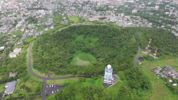 Aerial view of Trou Aux Cerfs volcano crater in Curepipe Mauritius.