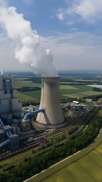 Aerial view of RWE Power AG Kraftwerk Neurath with its cooling tower emitting steam surrounded by green fields and industrial infrastructure in Grevenbroich Nordrhein Westfalen Germany. Aerial view of RWE Power AG Kraftwerk Neurath with its cooling tower emitting steam surrounded by green fields and industrial infrastructure in Grevenbroich Nordrhein Westfalen Germany.