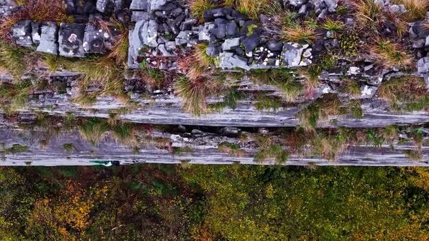 Aerial view of rocky cliff face with vegetation in Italy.
