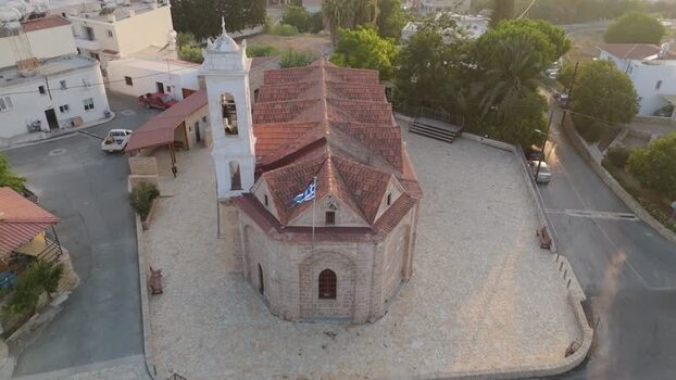 Aerial view of a historic stone church in Nicosia Cyprus.