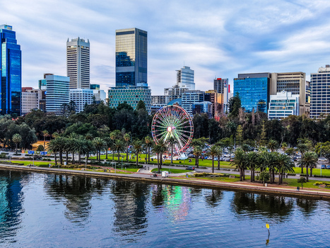 Aerial view of the Perth skyline featuring the Ferris wheel at Elizabeth Quay modern skyscrapers and lush palm trees along the Swan River in Perth Western Australia Australia.