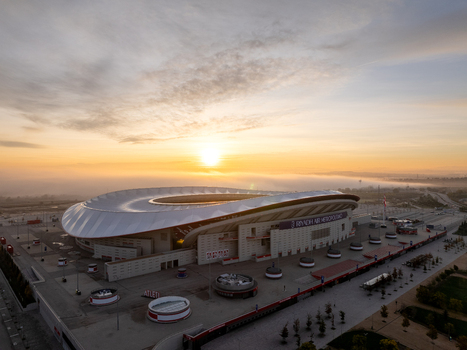 Aerial view of Riyadh Air Metropolitano Stadium at sunrise with morning mist and clear sky in Madrid Comunidad de Madrid Spain.