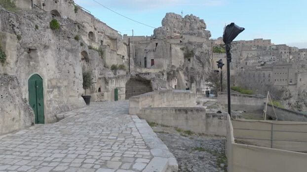 Aerial view of Sassi di Matera stone dwellings Italy.