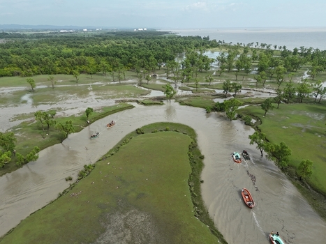 Aerial view of small wooden boats navigating a winding river through lush green wetlands and mangroves in Sitakund Chittagong Division Bangladesh. Aerial view of small wooden boats navigating a winding river through lush green wetlands and mangroves in Sitakund Chittagong Division Bangladesh.