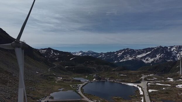 Aerial view of wind turbines and Gotthard Pass Switzerland. Aerial view of wind turbines and Gotthard Pass Switzerland.