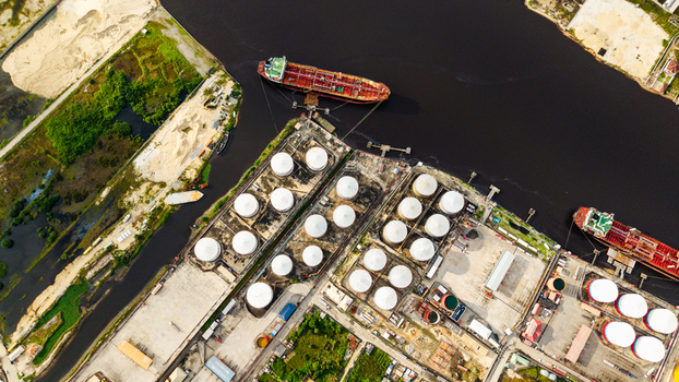 Aerial view of oil storage tanks at the Satellite Town industrial port in Lagos Lagos Nigeria.