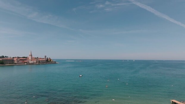 Aerial view of historic Porec old town and coastline Croatia.