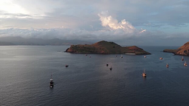 Aerial view of Padar Island with boats in Komodo Indonesia.