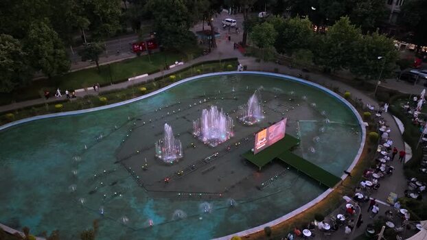 Aerial view of Rinia Park fountain in Tirana Albania.