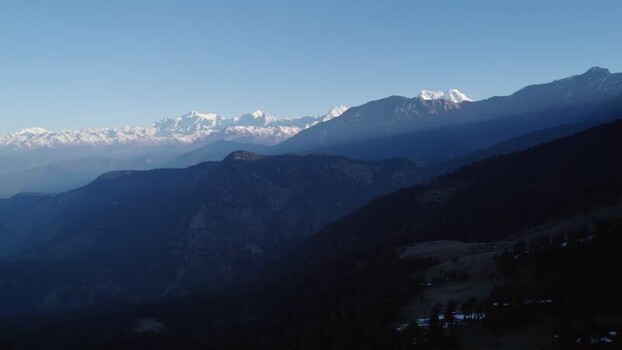 Aerial view of the snow capped Himalayan peaks in India.