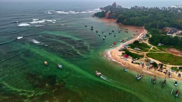 Aerial view of fishing boats in a bay Sri Lanka.