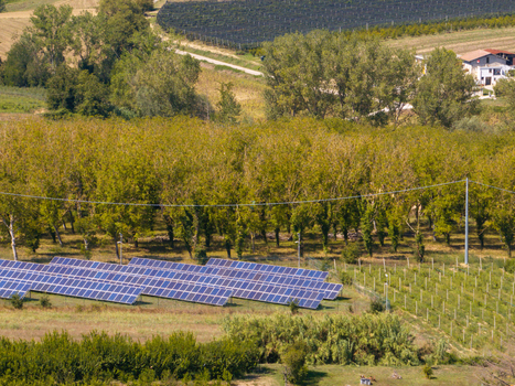 Aerial view of a solar panel farm nestled among lush green trees and agricultural fields in the rural landscape of Ortezzano Marche Italy. Aerial view of a solar panel farm nestled among lush green trees and agricultural fields in the rural landscape of Ortezzano Marche Italy.