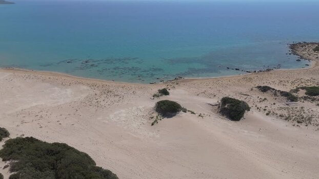 Aerial view of sandy beach and turquoise water in Northern Cyprus.