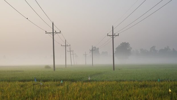 View of power lines over misty fields in Bangladesh.