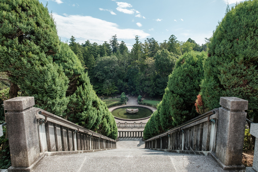 View of the stone staircase leading down to a tranquil pond surrounded by lush greenery and trees creating a serene atmosphere Narita Chiba Japan. View of the stone staircase leading down to a tranquil pond surrounded by lush greenery and trees creating a serene atmosphere Narita Chiba Japan.