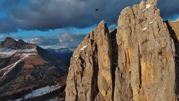Aerial view of Dolomite Mountains in Canazei Italy.