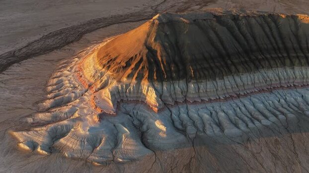 Aerial view of Gora Bokty in the desert landscape Kazakhstan.