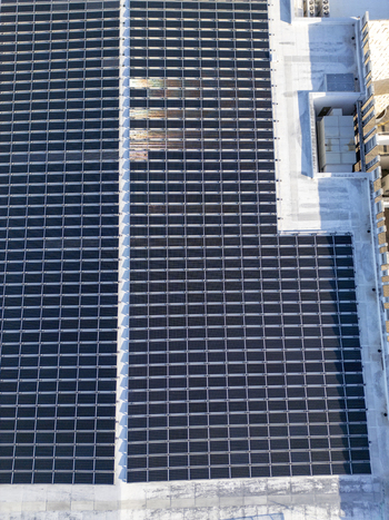 Aerial view of the solar panel array installed on the rooftop of the Centro Internacional de Congresos de Yucatan Merida Yucatan Mexico. Aerial view of the solar panel array installed on the rooftop of the Centro Internacional de Congresos de Yucatan Merida Yucatan Mexico.