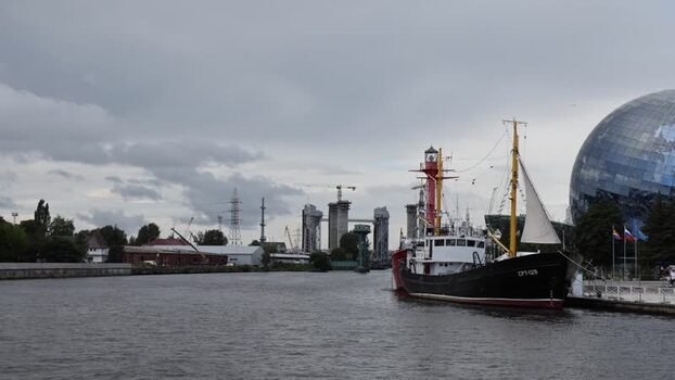 View of the World Ocean Museum and research vessel in Russia.
