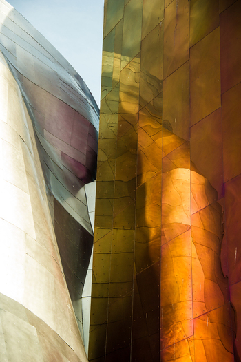 View of the metallic curved and colorful exterior panels of the Museum of Pop Culture in Seattle Washington United States.
