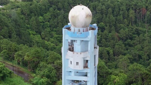 Aerial view of Trou Aux Cerfs radar tower in Mauritius.