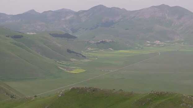 Aerial view of the Castelluccio plateau in Italy.