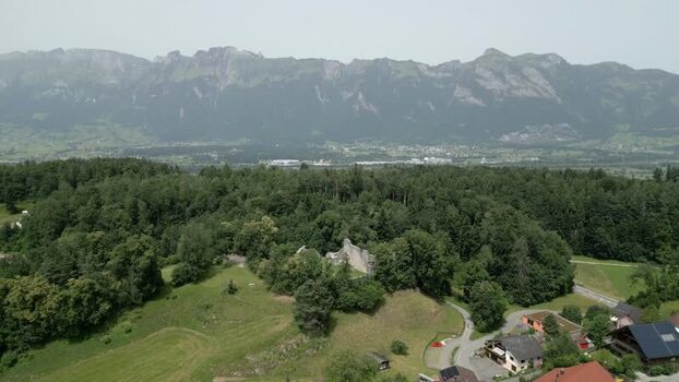 Aerial view of Schalun Castle ruins in Liechtenstein.
