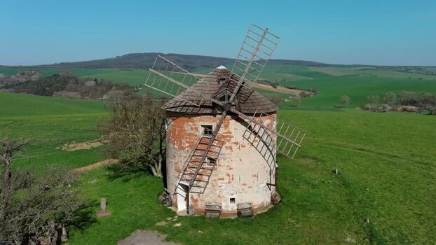 Aerial view of an old windmill in South Moravian Region Czechia.