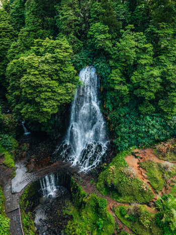 Aerial view of a majestic waterfall cascading amidst a vibrant tapestry of lush green trees and earthy brown pathways Achada Açores Portugal. Aerial view of a majestic waterfall cascading amidst a vibrant tapestry of lush green trees and earthy brown pathways Achada Açores Portugal.