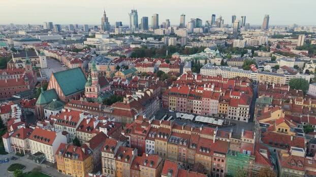 Aerial view of Warsaw Old Town and modern skyline Poland.