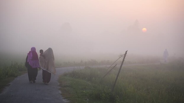 View of people walking on a foggy path at sunrise Bangladesh.