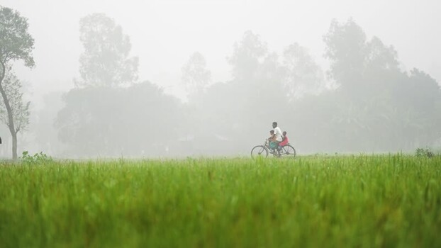 View of a man riding a bicycle through a foggy field Bangladesh.
