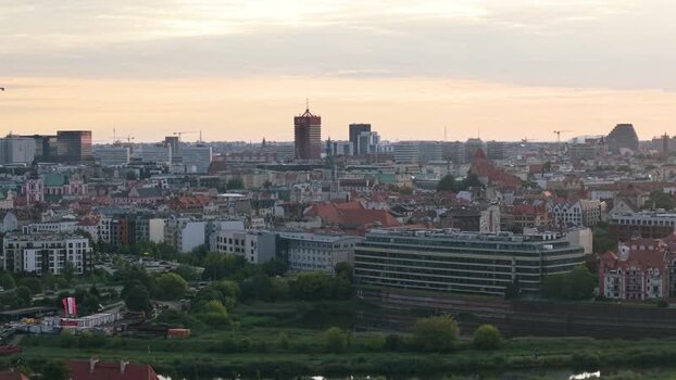 Aerial view of Poznan city skyline at sunset Poland.