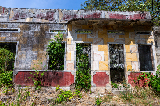 View of an abandoned building facade with decorative tiles being reclaimed by wild vegetation under a clear blue sky.