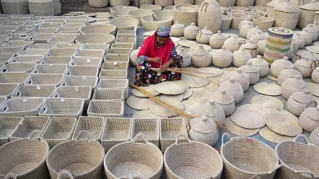 View of a woman weaving traditional baskets in Bogura Bangladesh. View of a woman weaving traditional baskets in Bogura Bangladesh.