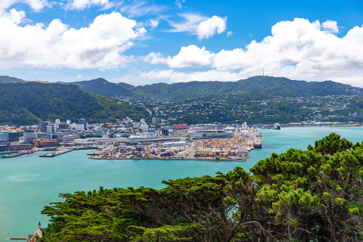 Wellington New Zealand 18 February 2026 View of the bustling Port of Wellington a vibrant hub where the turquoise harbor meets the city s skyline amid rolling green hills.