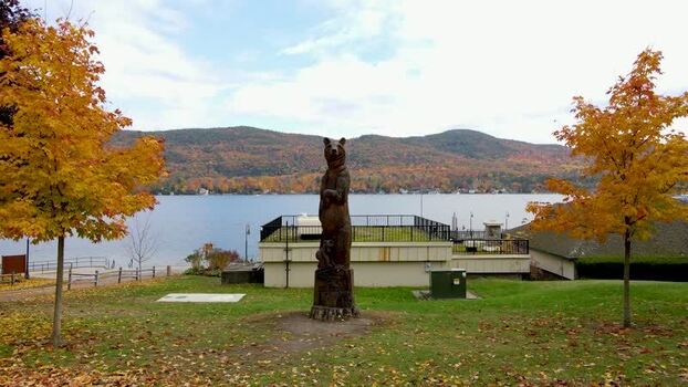 Aerial view of Lake George sculpture in autumn United States.