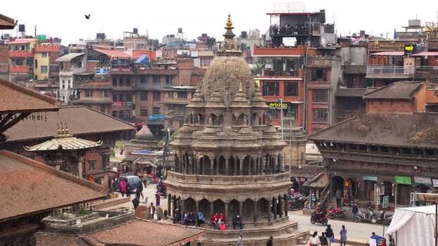 View of a historic stone temple in Kathmandu Nepal.
